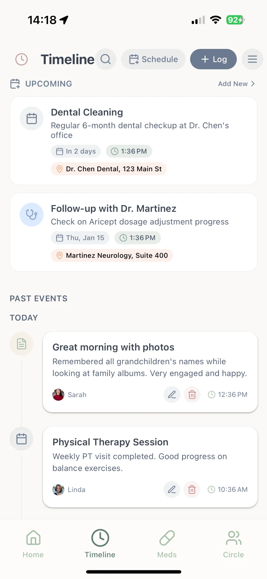 Timeline view showing upcoming appointments and past events
